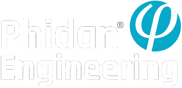 Phidan Engineering logo med blåt cirkelikon og phi-symbol