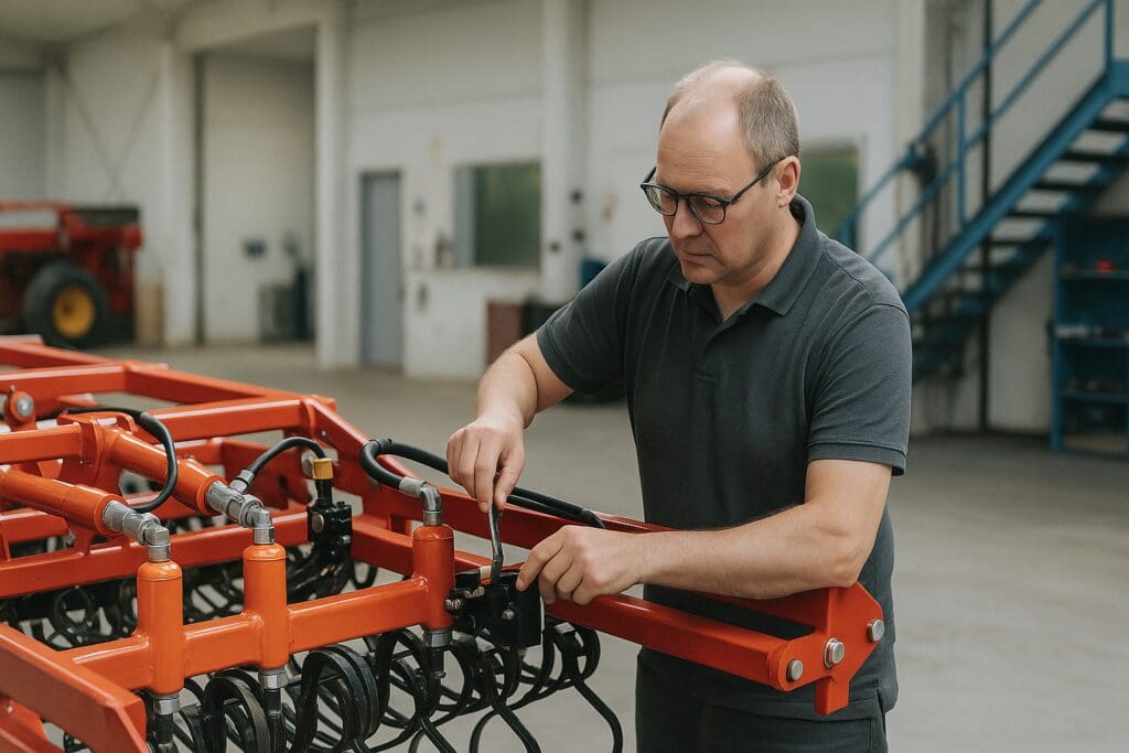 Maskiningeniør fra Phidan Engineering arbejder på en prototype af en landbrugsmaskine til mekanisk ukrudtsbekæmpelse i et værksted.