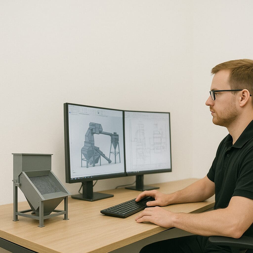 Ingeniør arbejder med mekanisk konstruktion og CAD-design af maskiner til kornhåndtering hos Phidan Engineering.