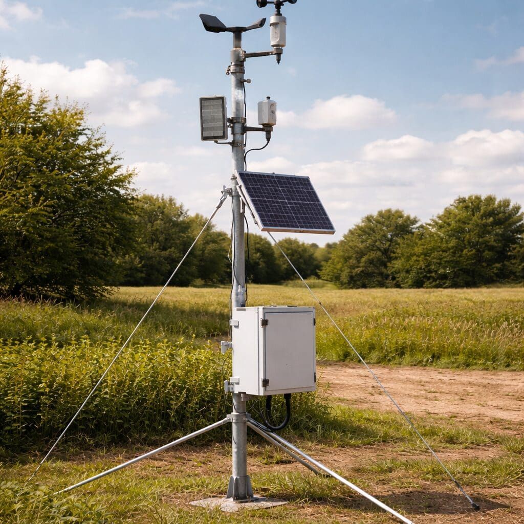 En teknisk vejrstation med solcellepanel, sensorer og kontrolboks opstillet på en mark til dataindsamling og teknisk analyse.
