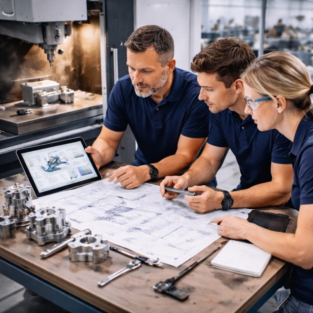 Tre ingeniører fra Phidan Engineering samarbejder om maskindesign og mekanisk konstruktion over tekniske tegninger og en tablet i et værksted.