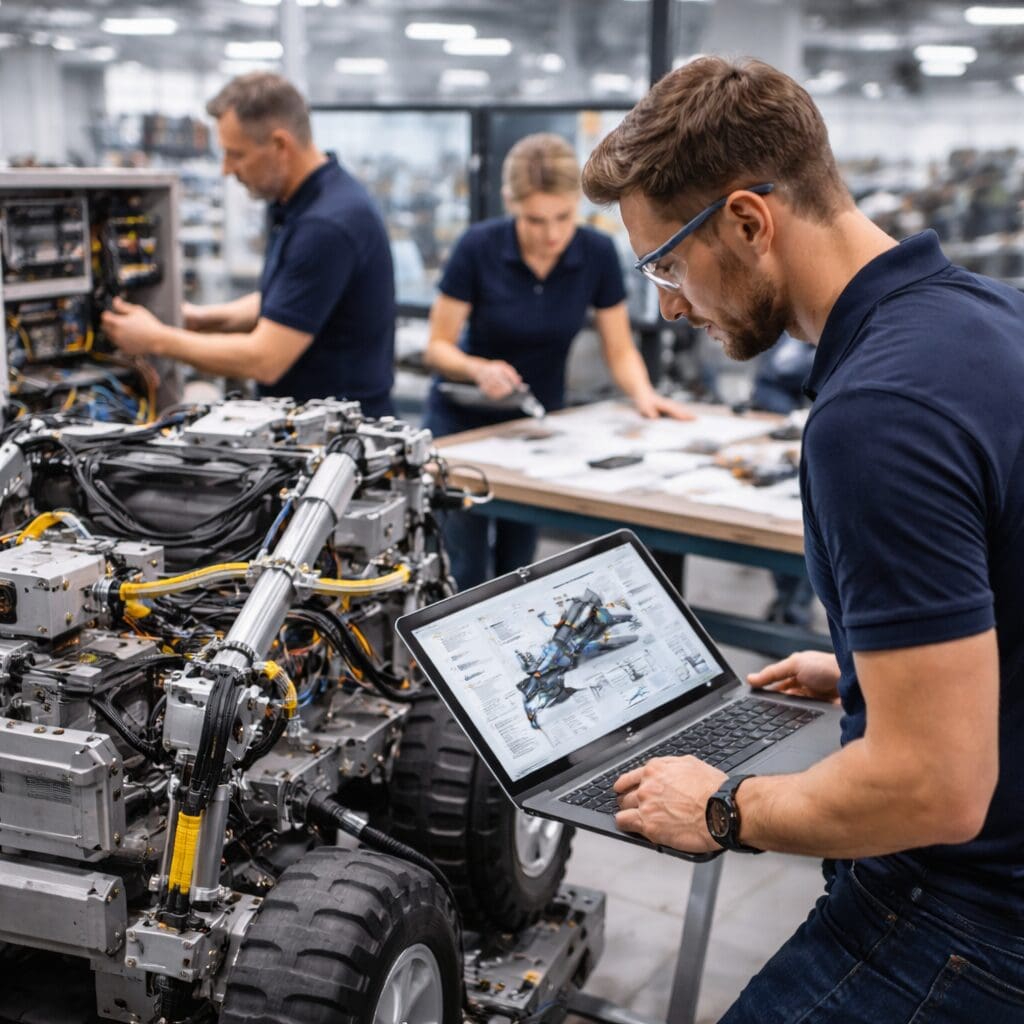 Ingeniører hos Phidan Engineering arbejder med konceptudvikling, CAD-konstruktion og prototypefremstilling af en avanceret maskine.
