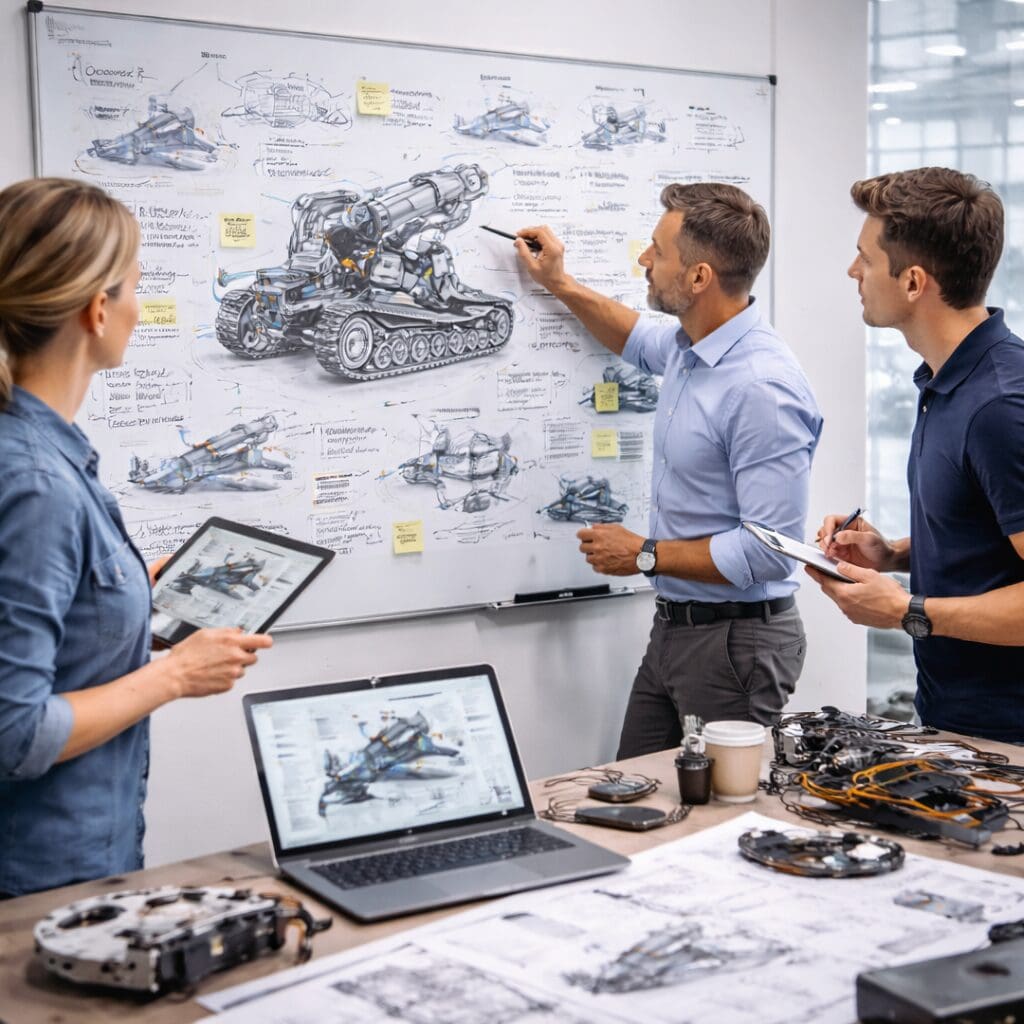Ingeniører fra Phidan Engineering arbejder med konceptudvikling, maskinkonstruktion og automation af komplekse maskiner i et moderne kontormiljø.