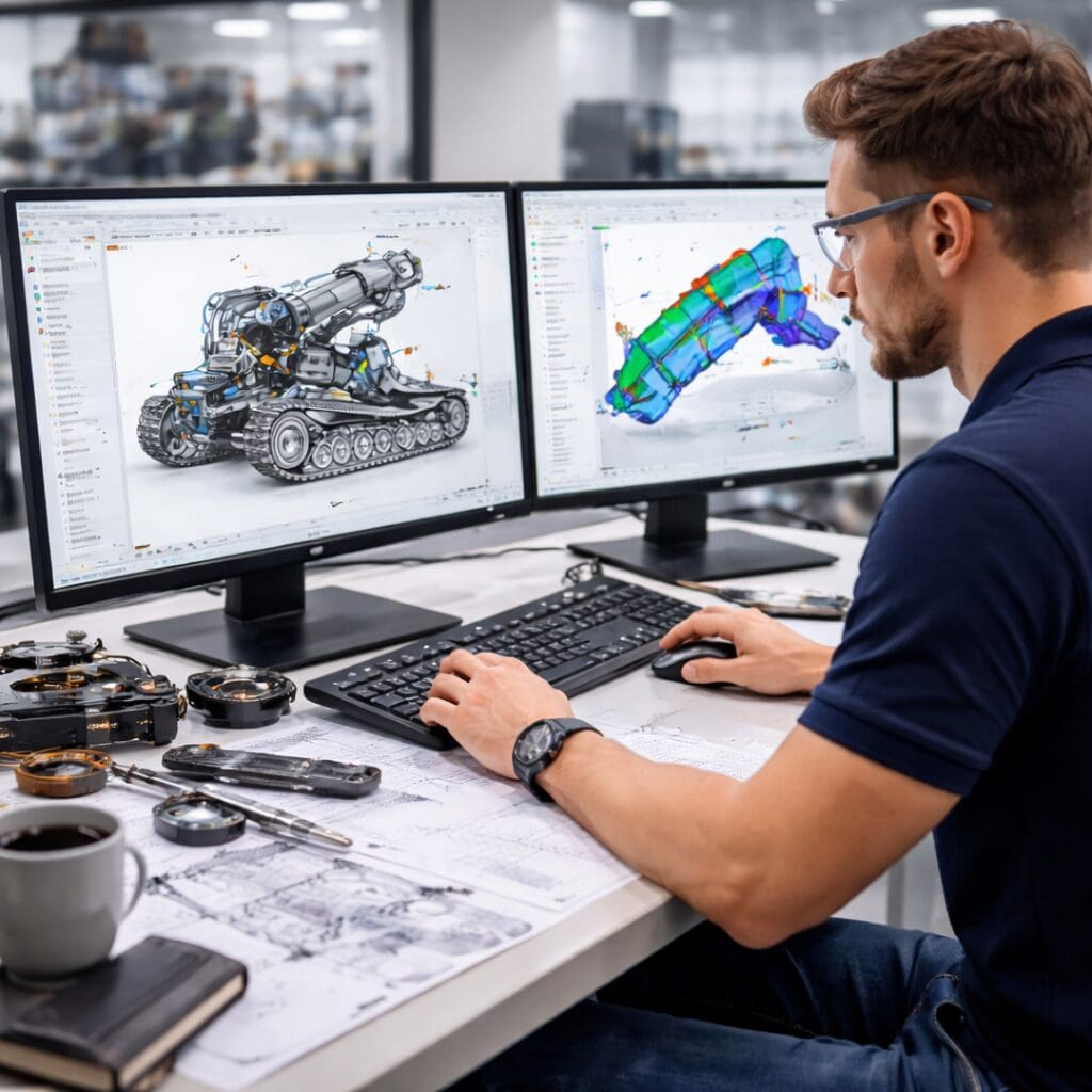 Ingeniør hos Phidan Engineering udfører maskinkonstruktion og FEA-simulering på computerskærme til produktudvikling.