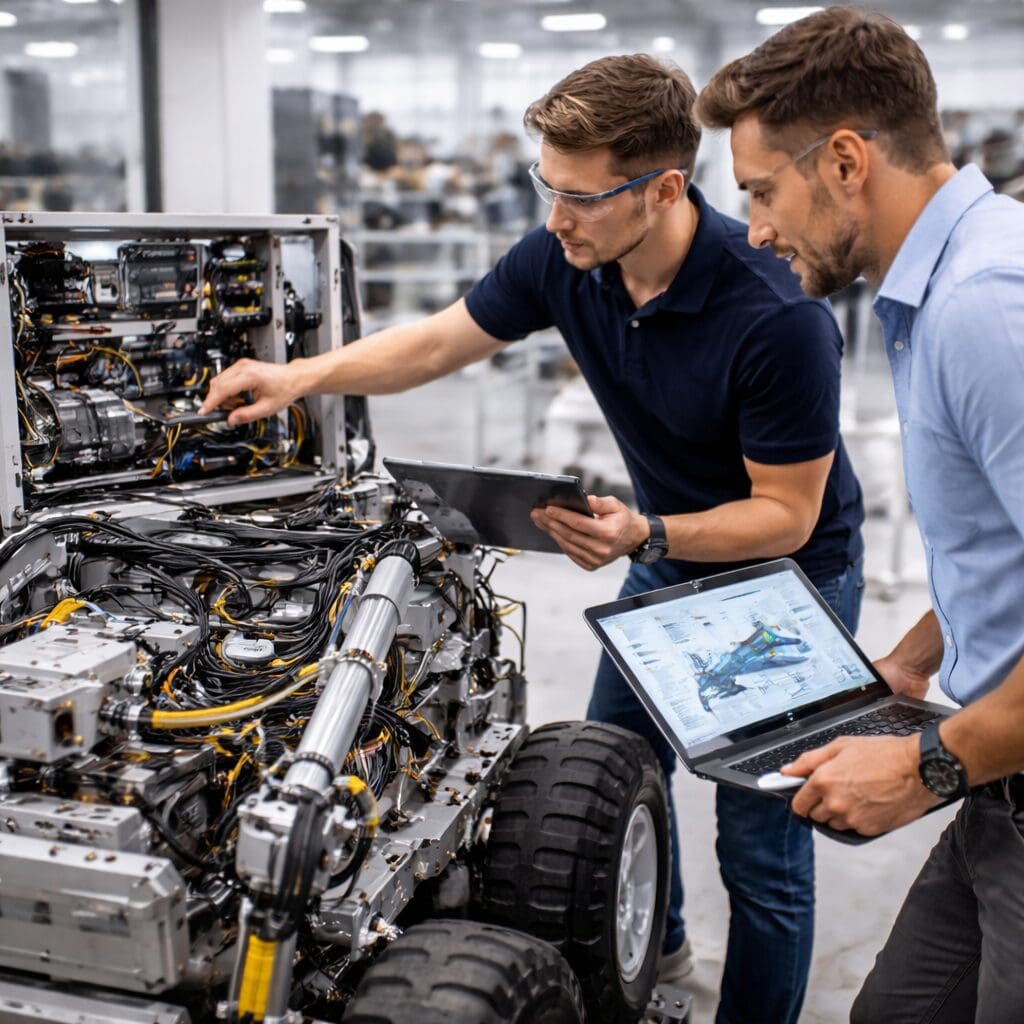To ingeniører arbejder på mekanisk konstruktion og produktudvikling af en kompleks maskine ved hjælp af CAD-modeller og software.