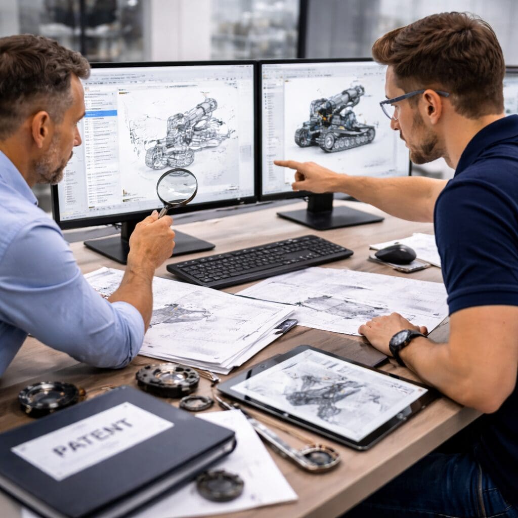 To ingeniører analyserer CAD-tegninger og teknisk dokumentation med fokus på patentrådgivning og produktbeskyttelse.