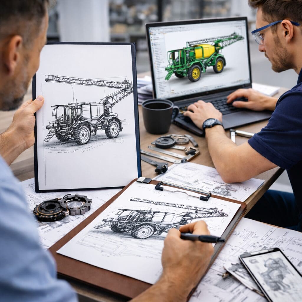 To ingeniører arbejder med produktudvikling og maskindesign af en landbrugsmaskine fra skitse til CAD-model.