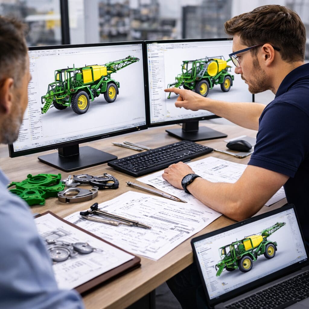 Ingeniører hos Phidan Engineering arbejder med CAD konstruktion og produktudvikling af avancerede landbrugsmaskiner.