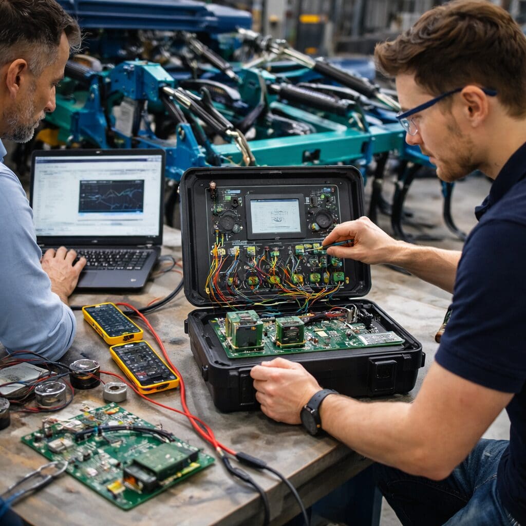 To ingeniører arbejder med softwareudvikling, test af elektronik og programmering af mobilcontrollere til maskiner.