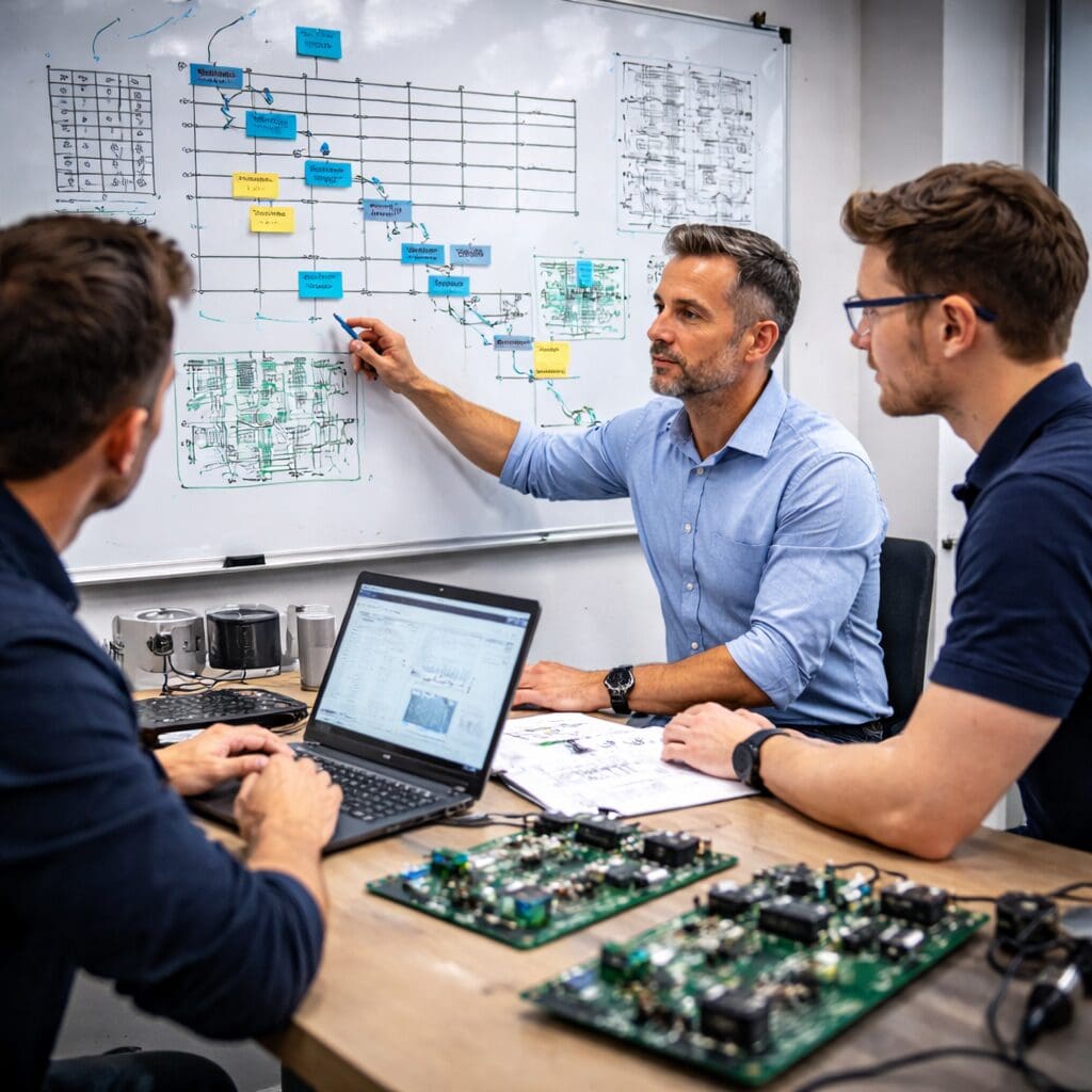 Ingeniører fra Phidan Engineering samarbejder om software- og elektronikudvikling ved et bord med kredsløbskort og en whiteboard-tavle.