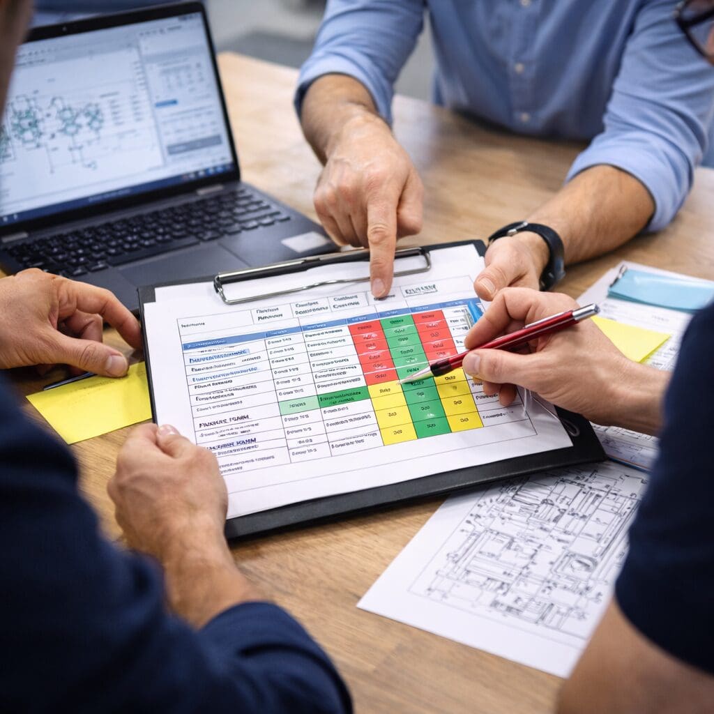 Ingeniører hos Phidan Engineering foretager risikovurdering og gennemgår teknisk dokumentation med DFMEA og PFMEA skemaer.