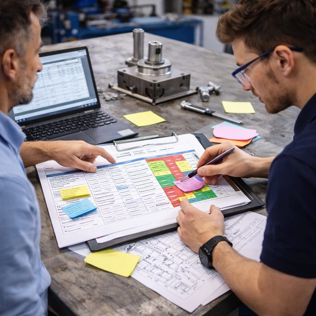 To ingeniører fra Phidan Engineering gennemgår teknisk dokumentation og foretager risikoanalyse som DFMEA og PFMEA ved et arbejdsbord med laptop og maskindele.