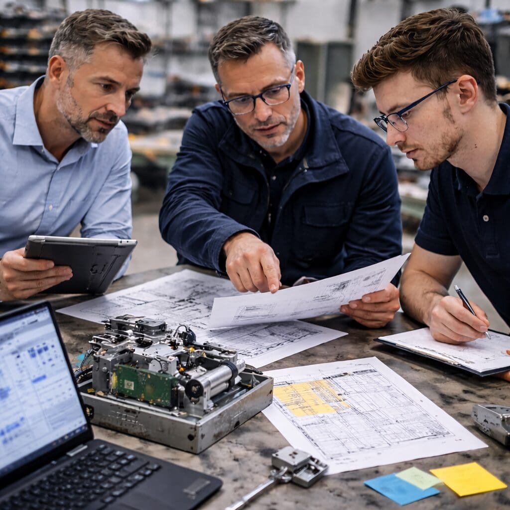 Tre ingeniører fra Phidan Engineering i tæt dialog over tekniske tegninger og en mekanisk prototype i et professionelt værkstedsmiljø.