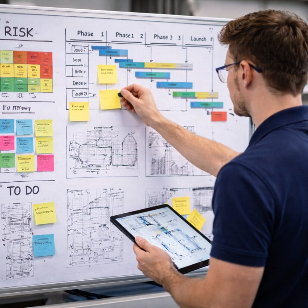 En ingeniør udfører interim ledelse og projektplanlægning ved et whiteboard med tekniske tegninger og Gantt-diagrammer.