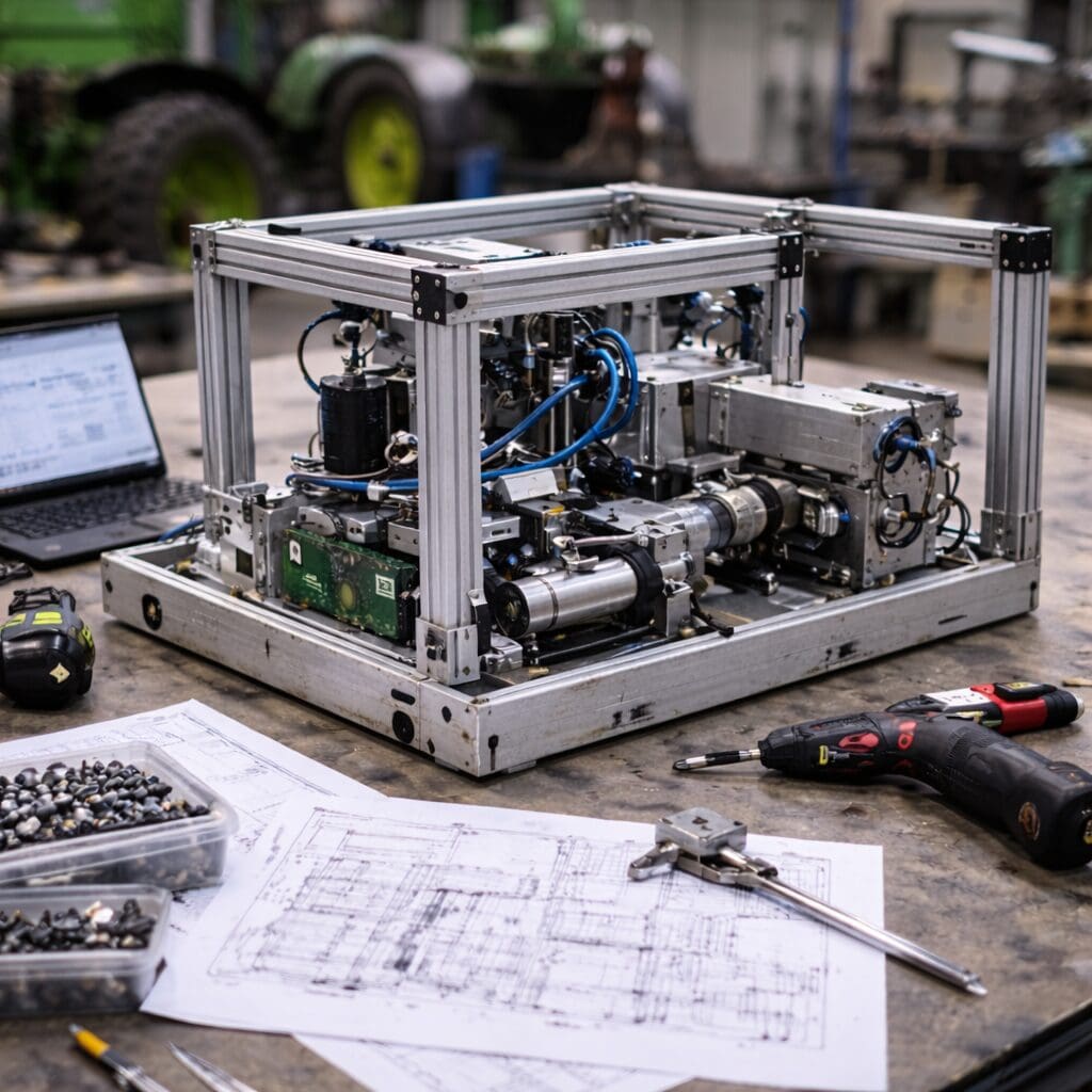 Avanceret maskinprototype i aluminiumsramme på et værkstedsbord med tekniske tegninger, værktøj og en bærbar computer hos Phidan Engineering.