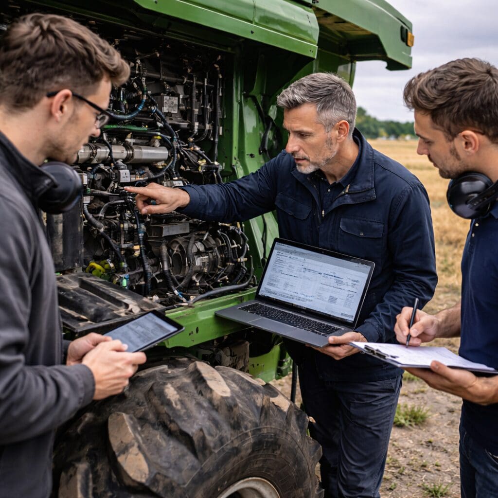 Ingeniører fra Phidan Engineering udfører fieldtest og fejlfinding på en landbrugsmaskine med brug af laptop og avancerede diagnostiske værktøjer.