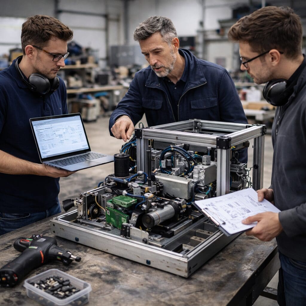 Ingeniører udfører teknisk projektledelse og maskinkonstruktion på en avanceret prototype i et værksted hos Phidan Engineering.