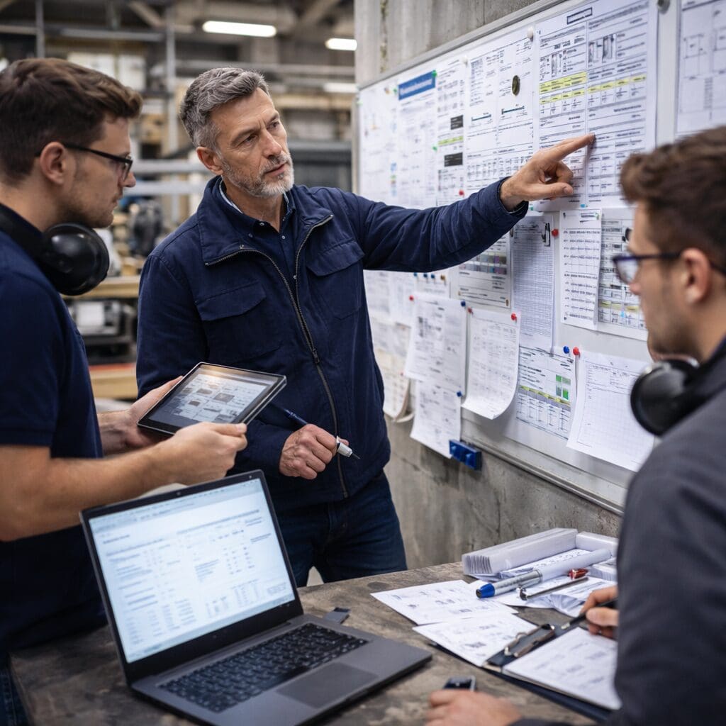 En erfaren ingeniør gennemgår tekniske tegninger og projektplaner på en whiteboardtavle med kolleger under en session om teknisk projektledelse hos Phidan Engineering.