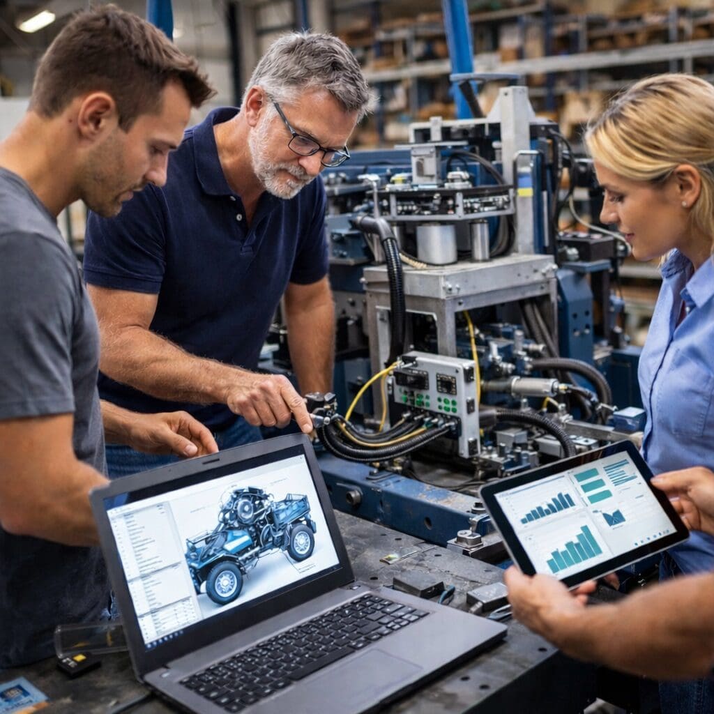 Ingeniører fra Phidan Engineering arbejder med digital integration, CAD-konstruktion og dataanalyse i et værksted.