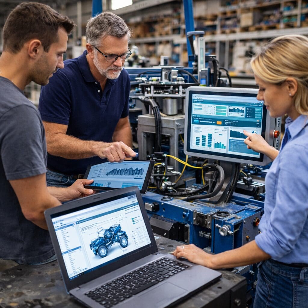 Tre ingeniører fra Phidan Engineering arbejder med digital integration, CAD-konstruktion og softwareudvikling på tværs af laptop, tablet og industriskærm i et teknisk værksted.