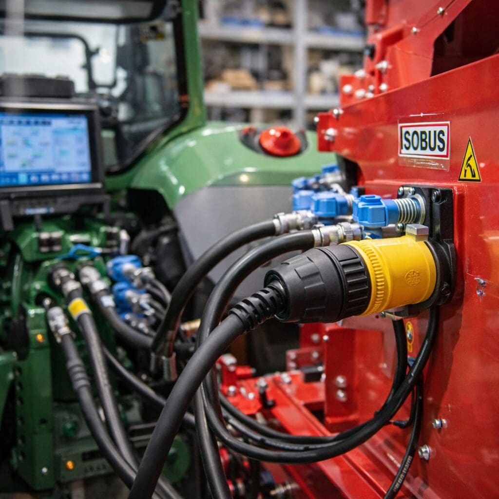 Nærbillede af ISOBUS-stik og hydrauliske forbindelser på en landbrugsmaskine som del af avanceret systemintegration