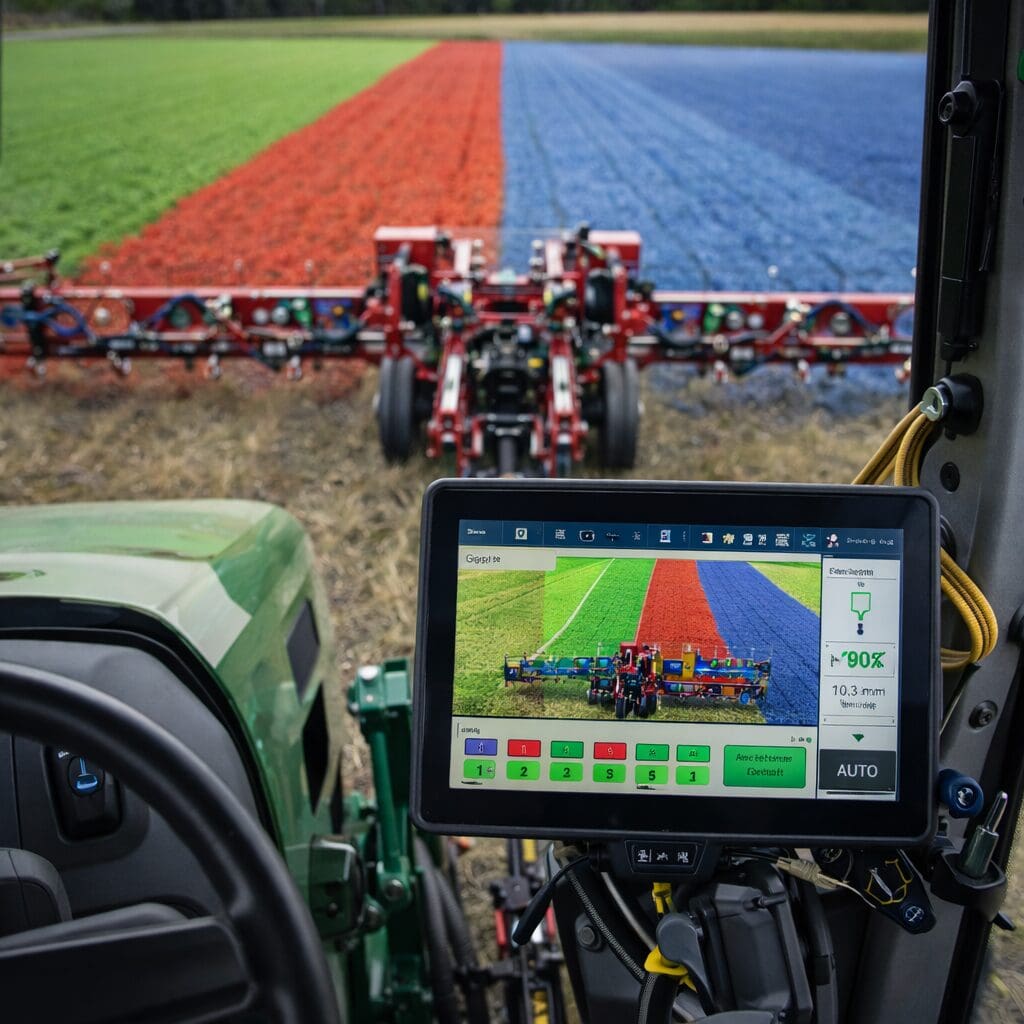 Digitalt display i en traktorkabine med software til markstyring og automation udviklet af Phidan Engineering