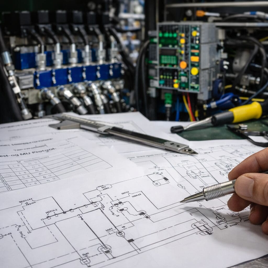 Nærbillede af en ingeniør der gennemgår en teknisk tegning med pen og skydelære foran industrielle kontrolpaneler og ledningsnet.