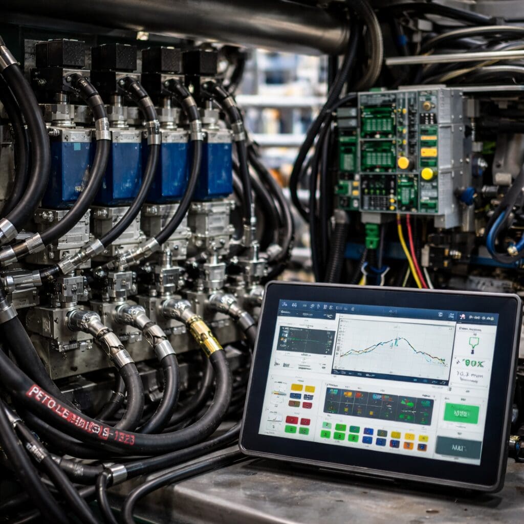 Nærbillede af komplekst maskinanlæg med hydrauliske ventiler, ledningsnet og en tablet, der viser diagnosesoftware til styring og regulering.
