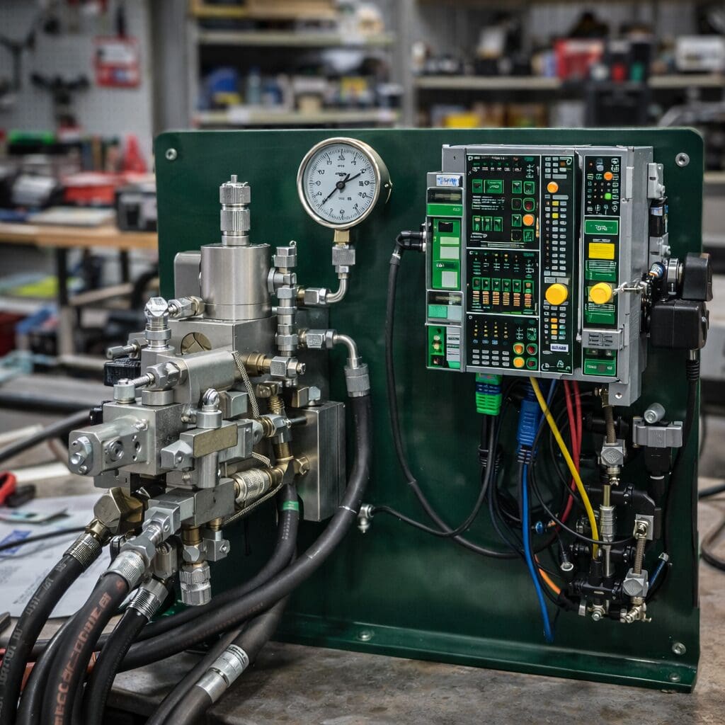 Avanceret hydraulisk og elektronisk styresystem med mobilcontroller og PLC-styring til maskinkonstruktion.