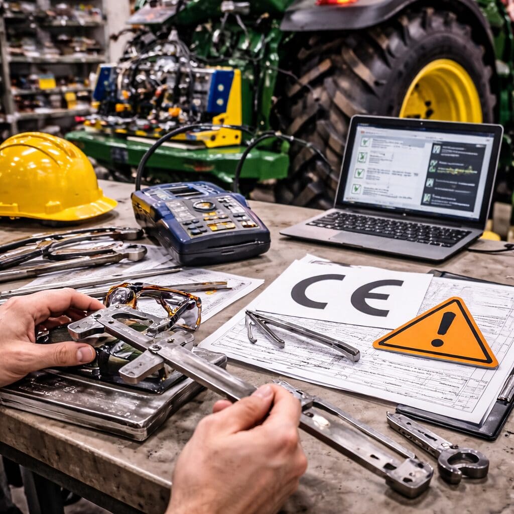 Ingeniør der arbejder med CE-mærkning og teknisk dokumentation på et værksted med en landbrugsmaskine i baggrunden