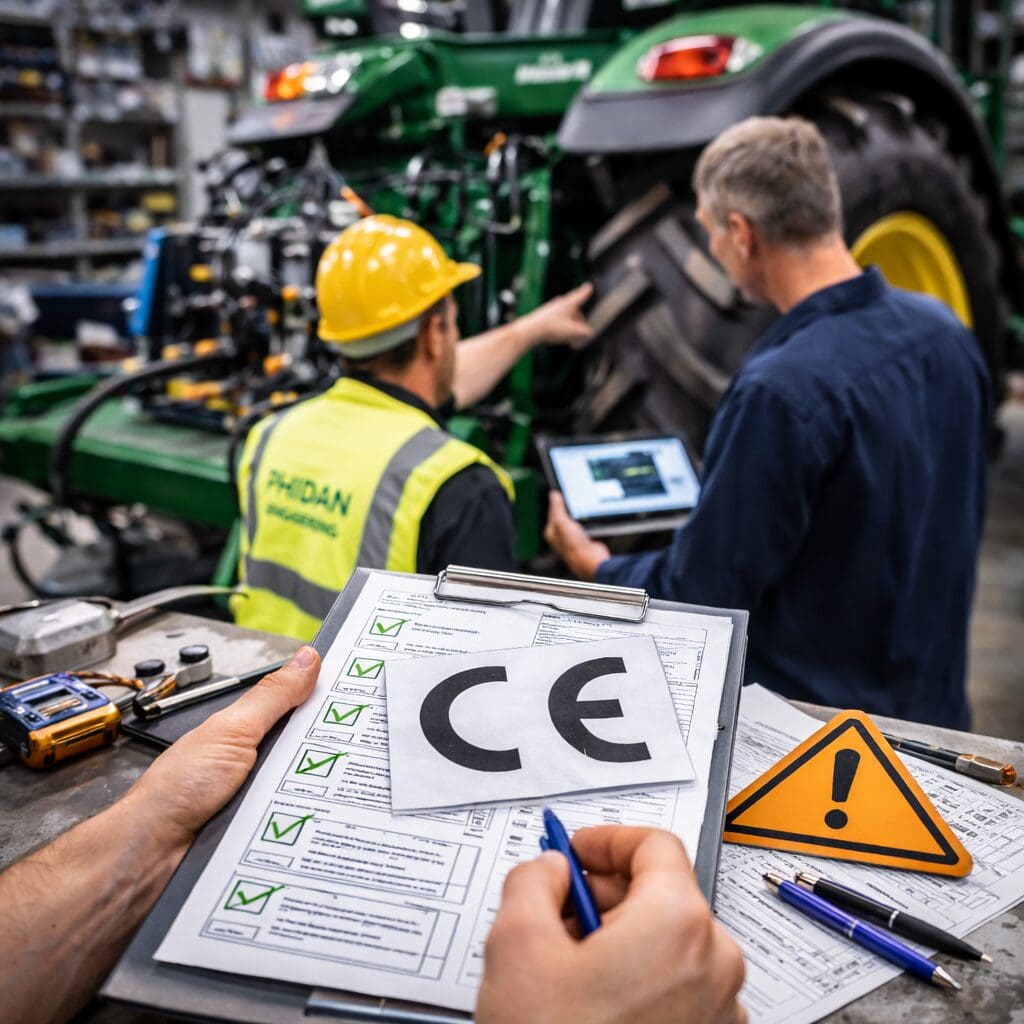 Ingeniører hos Phidan Engineering i gang med CE-mærkning og teknisk kontrol af en landbrugsmaskine på et værksted.