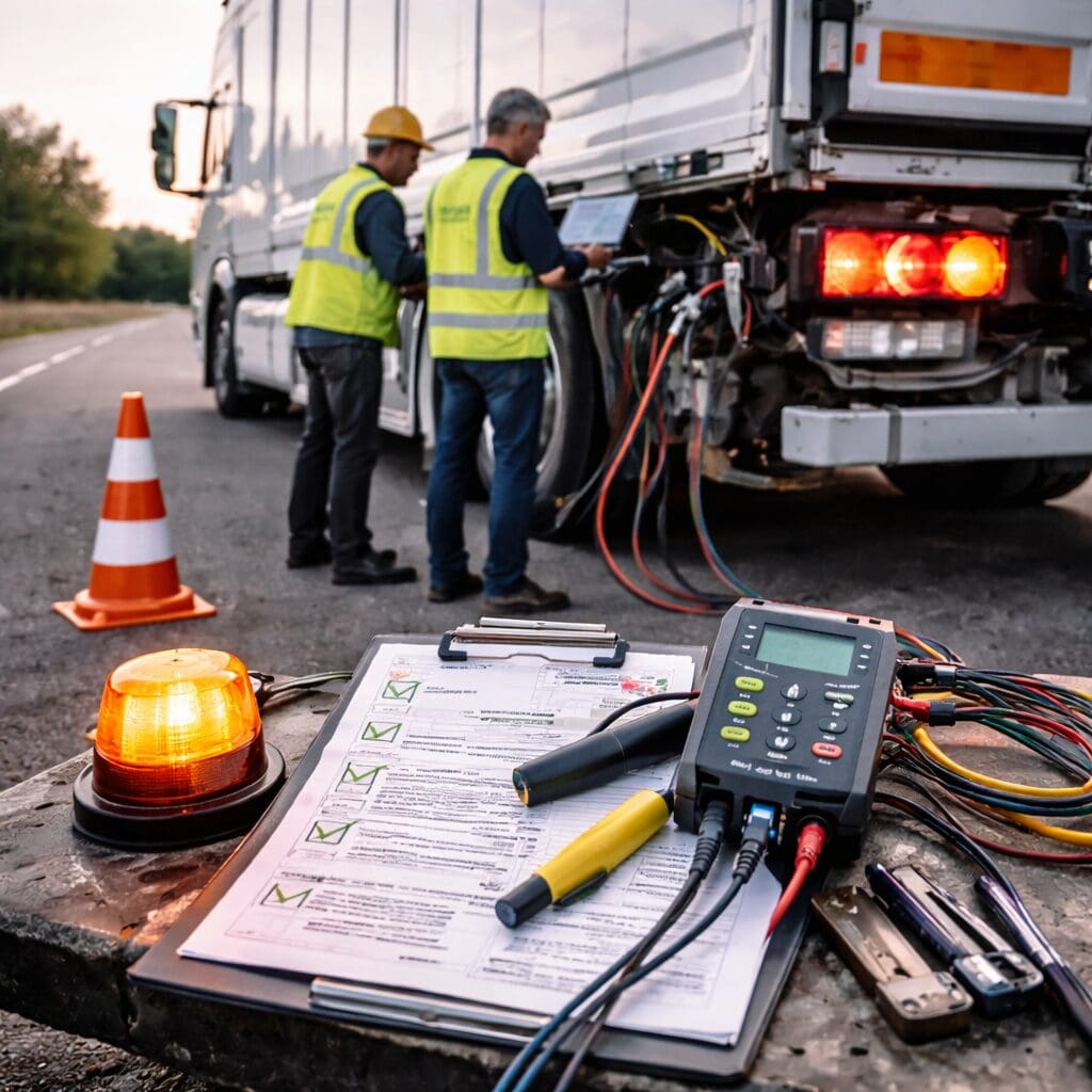 Ingeniører fra Phidan Engineering udfører homologering og teknisk test af en lastbil med avanceret måleudstyr og tjeklister ved vejens side.