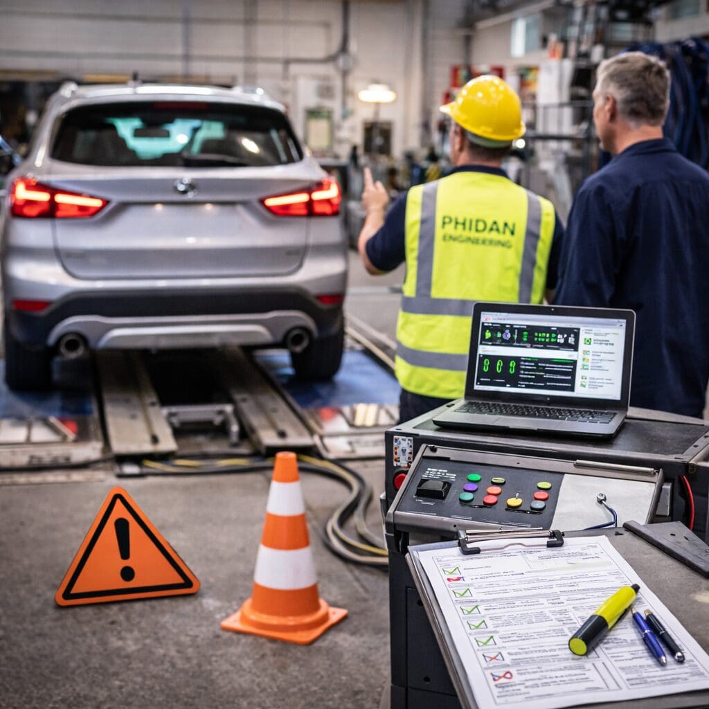 Ingeniører fra Phidan Engineering udfører homologering og test af et køretøj i et værksted med avanceret måleudstyr.