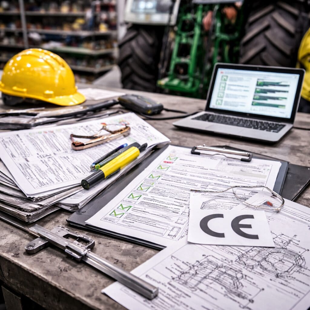 Arbejdsbord med tekniske tegninger, måleværktøj, bærbar computer og CE-mærke hos Phidan Engineering.