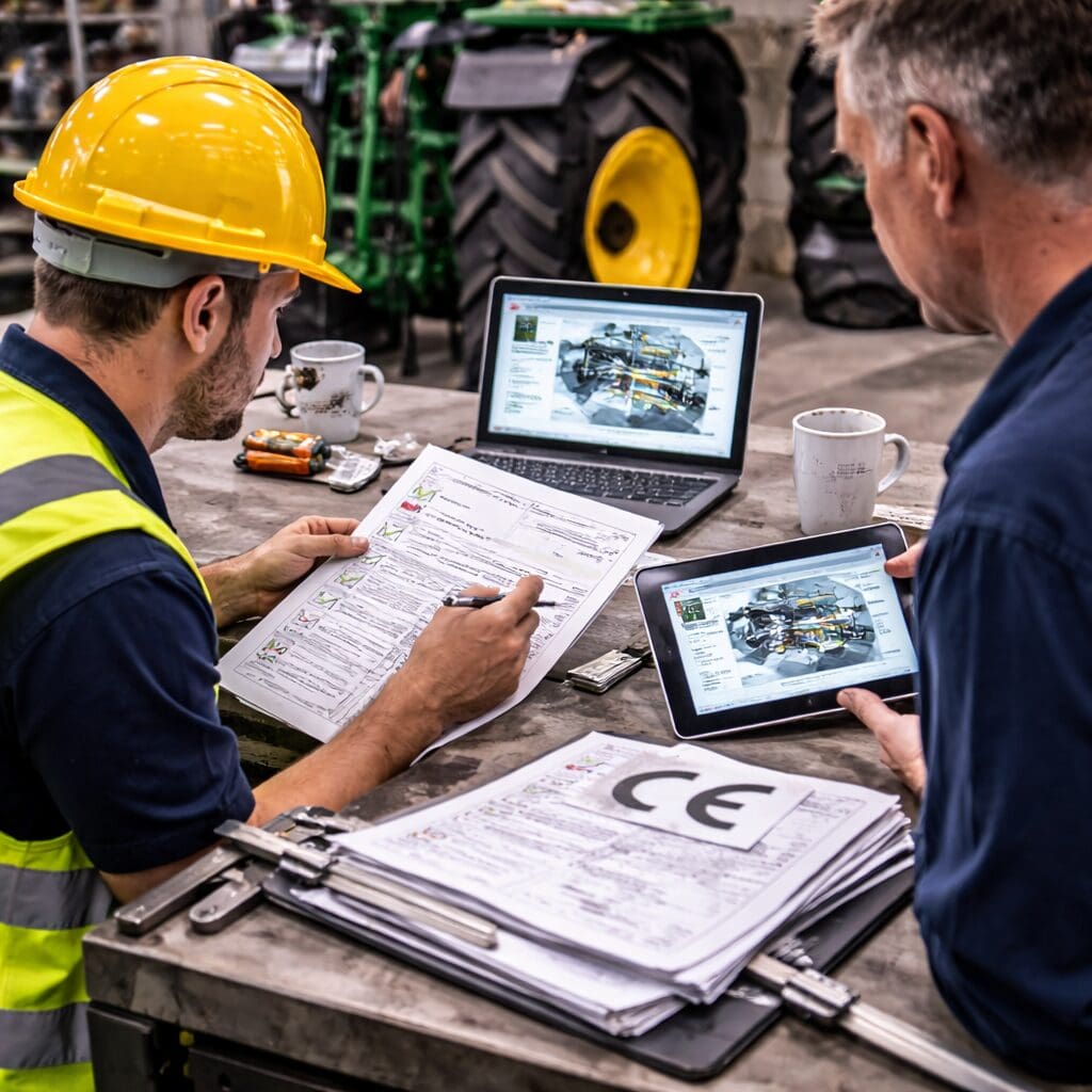Ingeniører gennemgår teknisk dokumentation og CAD-konstruktioner med fokus på CE-mærkning i et maskinværksted