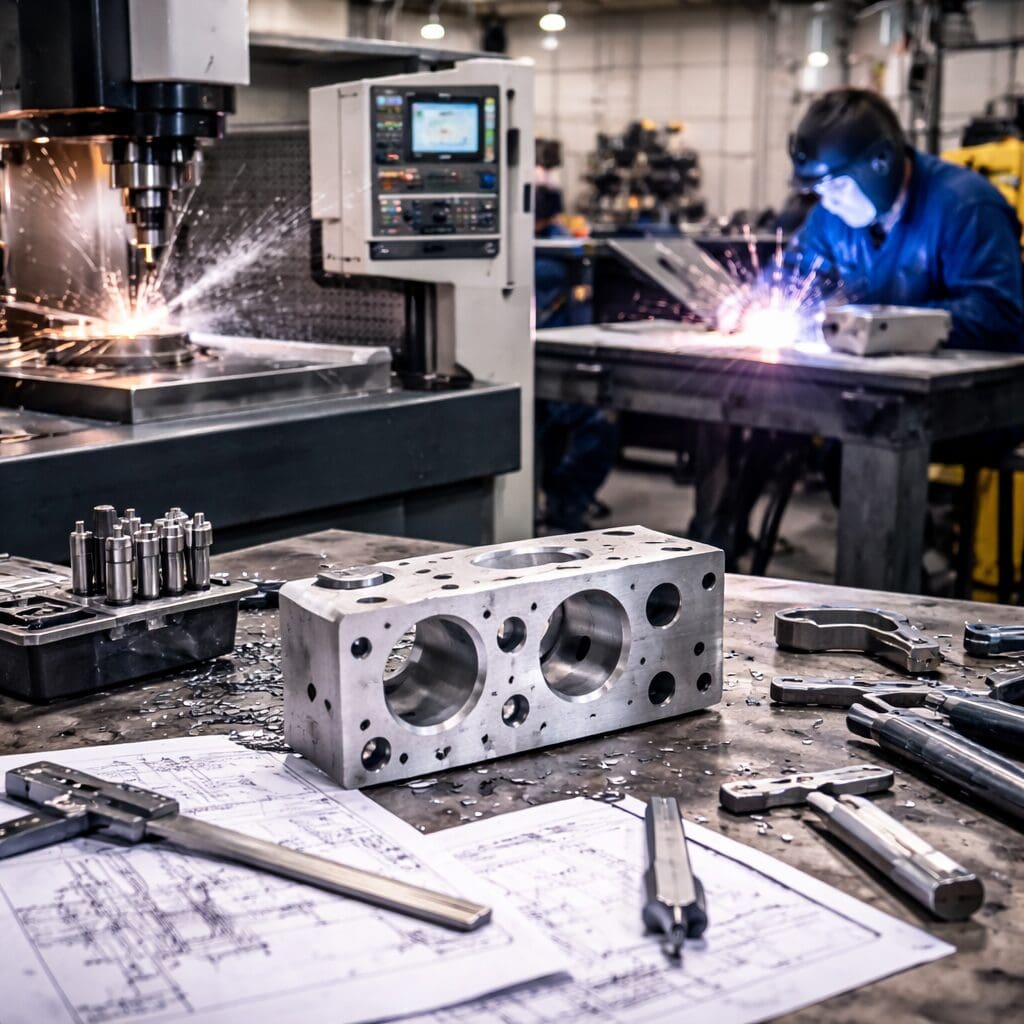 Metalkomponent bearbejdet efter teknisk tegning med CNC-maskine og svejser i baggrunden hos Phidan Engineering.