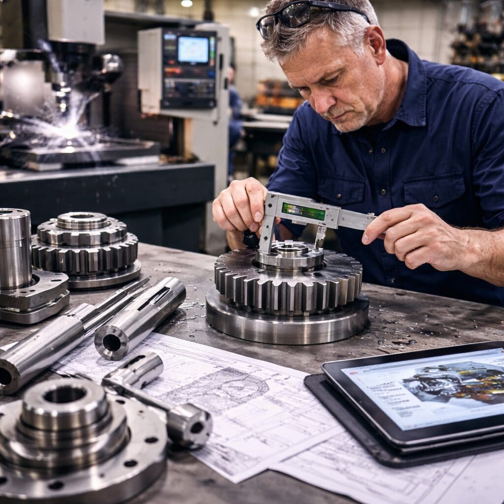 En ingeniør udfører præcisionsmåling med en digital skydelære på en metalkomponent i et værksted under produktudvikling.