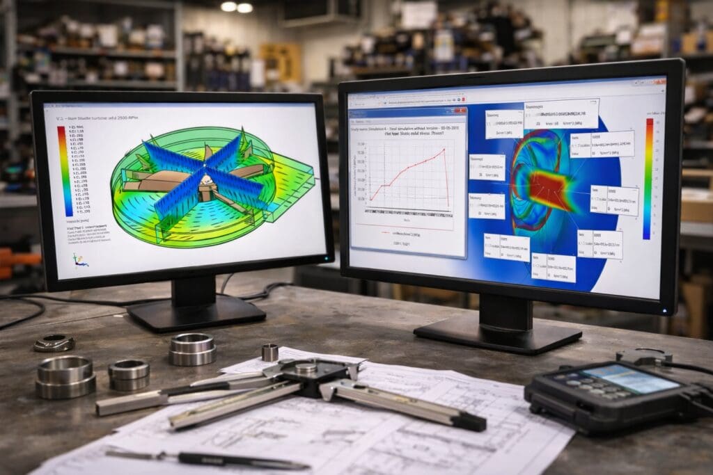To computerskærme der viser avanceret FEA simulering og 3D CAD konstruktion af mekaniske komponenter på et ingeniørkontor.