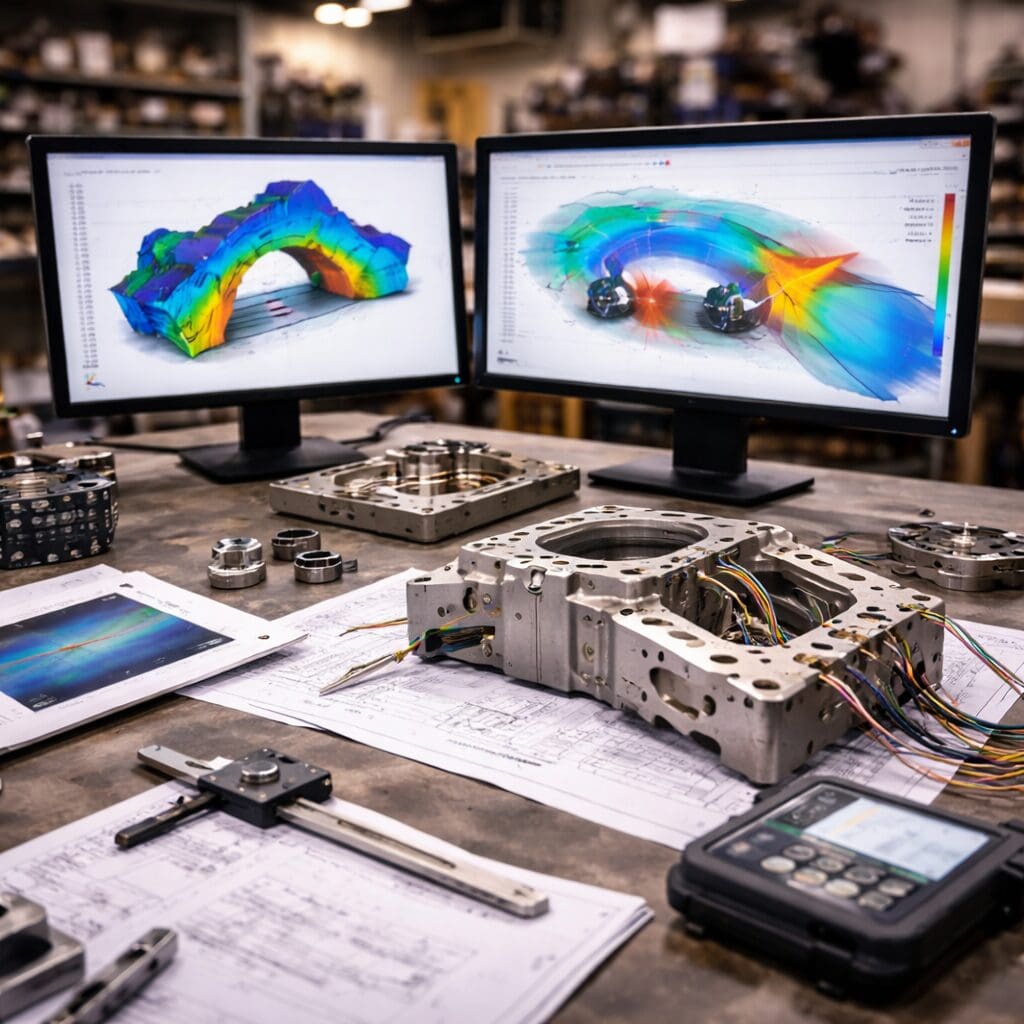 Ingeniørarbejdsplads med FEA-simuleringer på skærme, mekaniske prototyper, tekniske tegninger og måleudstyr til produktudvikling.