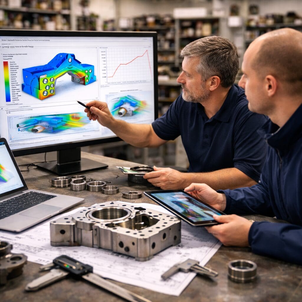 To ingeniører hos Phidan Engineering analyserer FEA-simulering og statiske beregninger på en skærm for at optimere en mekanisk konstruktion.