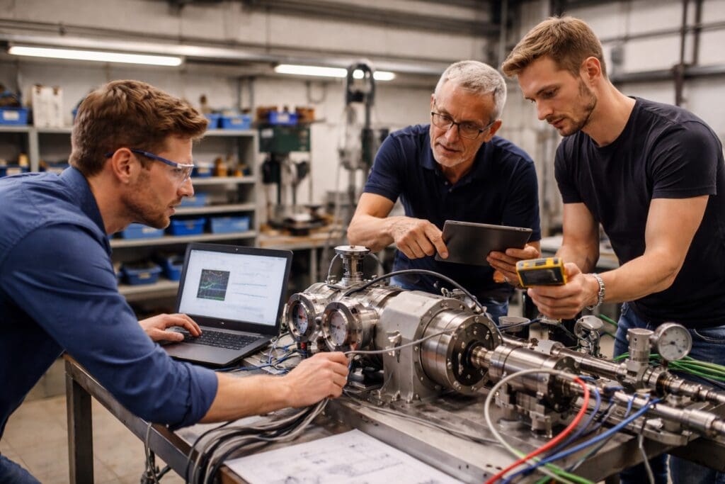 Tre ingeniører fra Phidan Engineering arbejder på test og validering af en prototype i et værksted som led i et udviklingsprojekt.