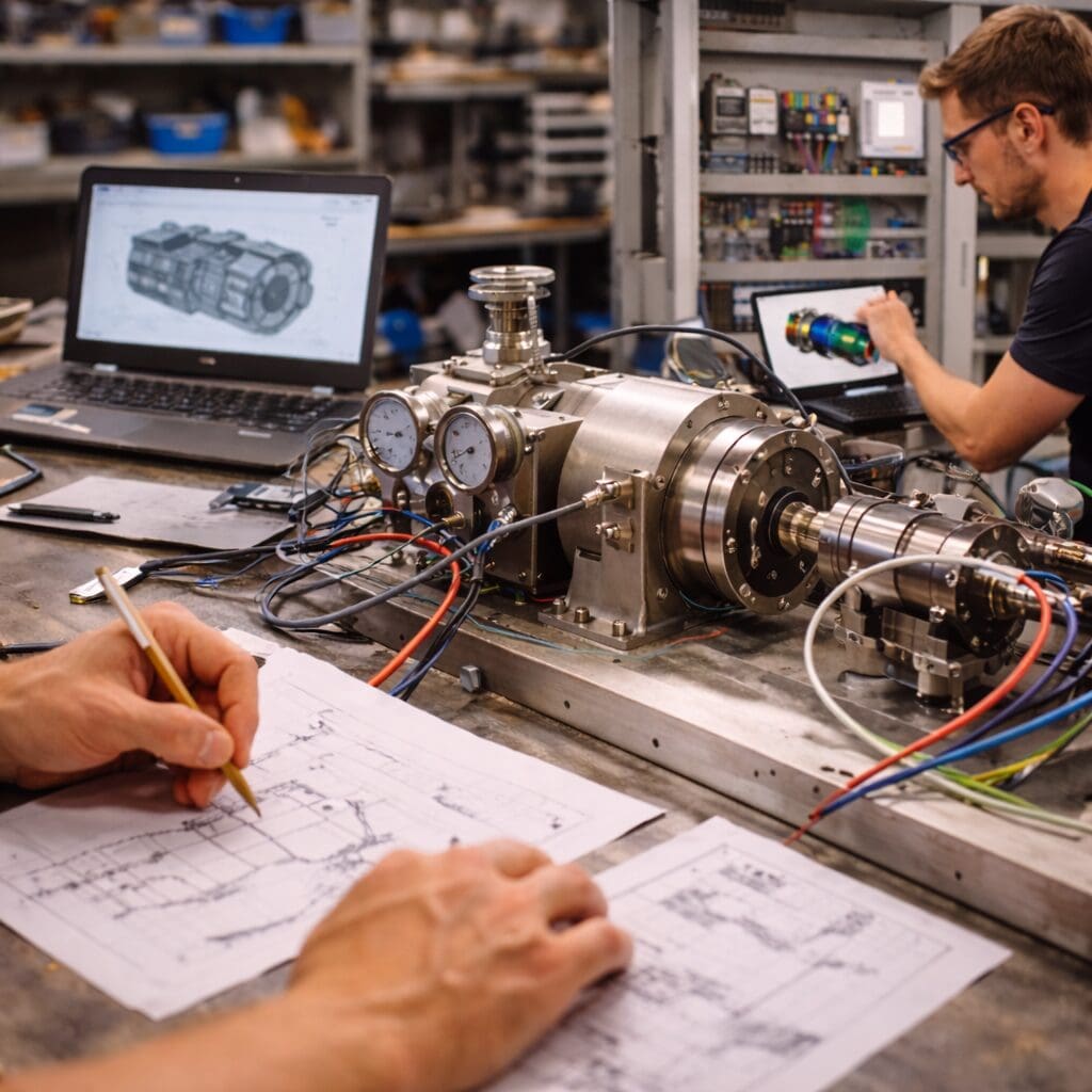 Ingeniører der arbejder med maskinkonstruktion, CAD-tegninger og udvikling af prototyper på et værksted