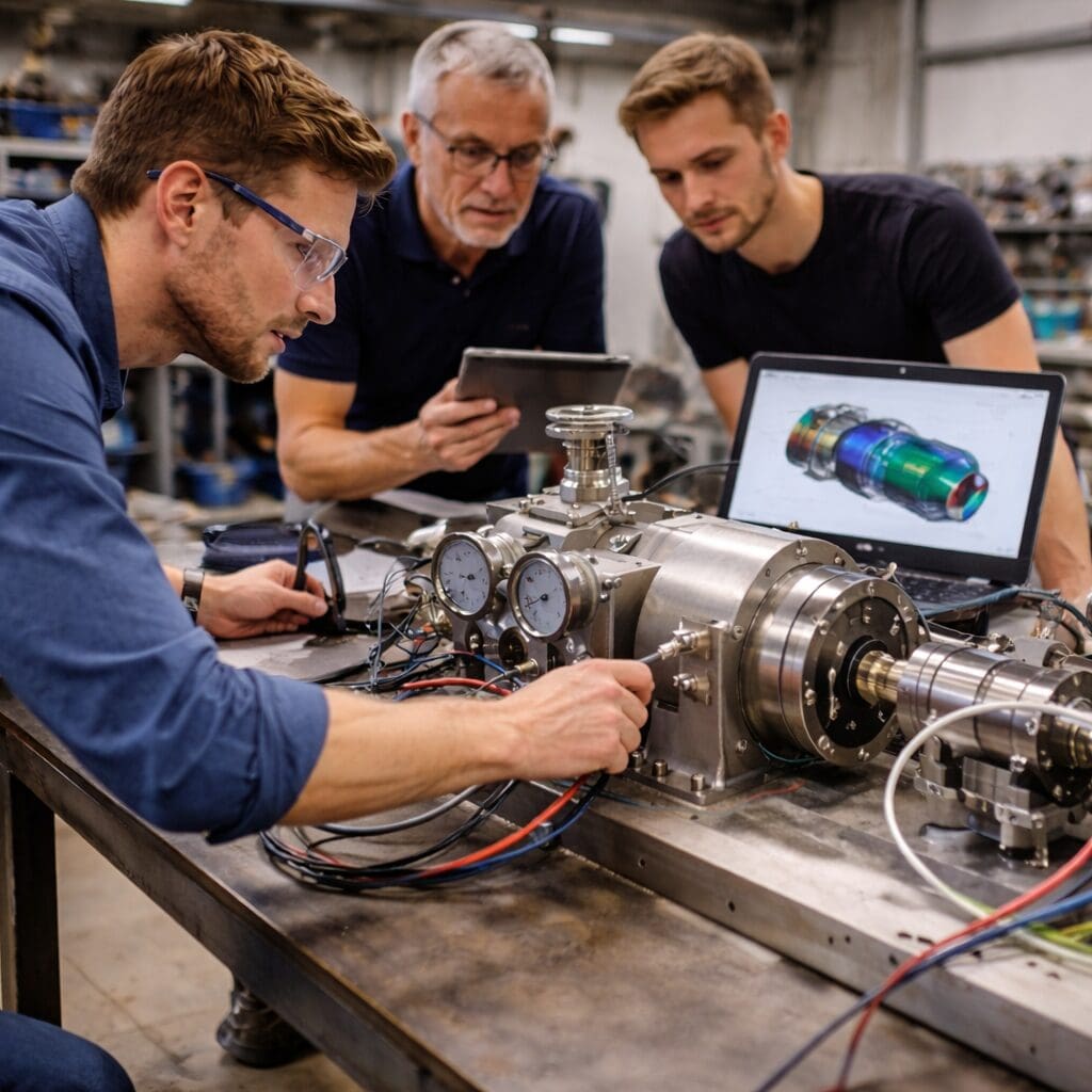 Tre ingeniører fra Phidan Engineering arbejder med konceptudvikling, mekanisk konstruktion og test af en prototype i et værksted.