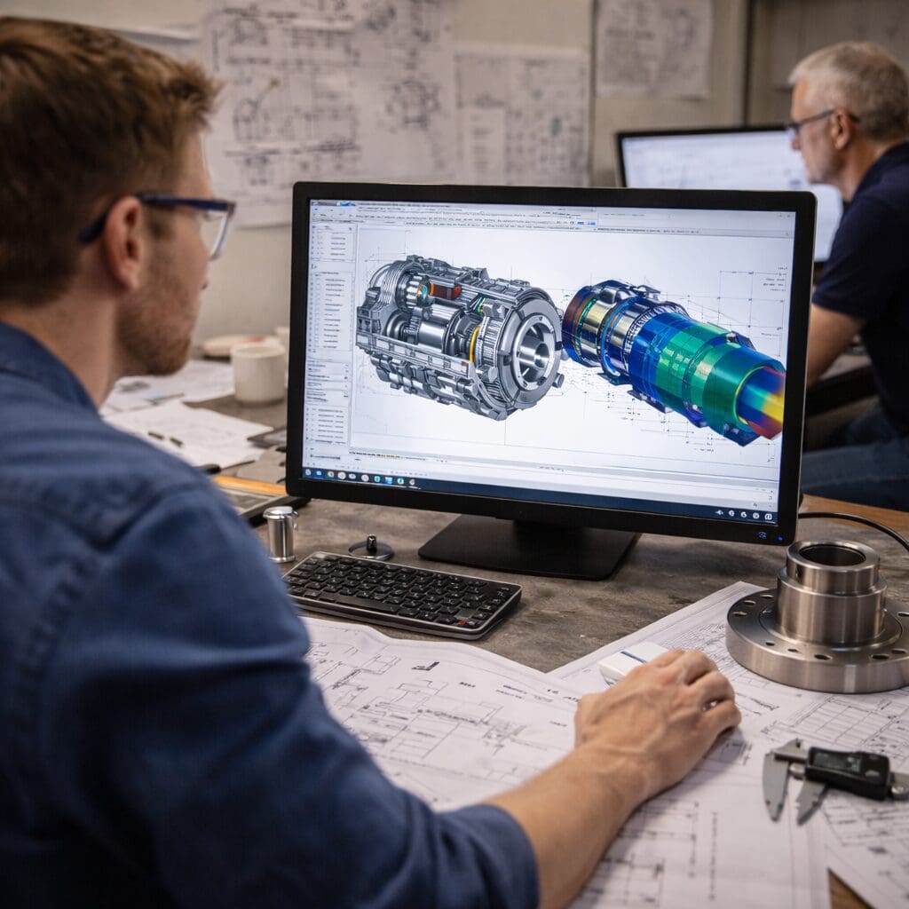 En ingeniør arbejder med CAD-konstruktion og detaljeret design af en kompleks maskinkomponent på en computer