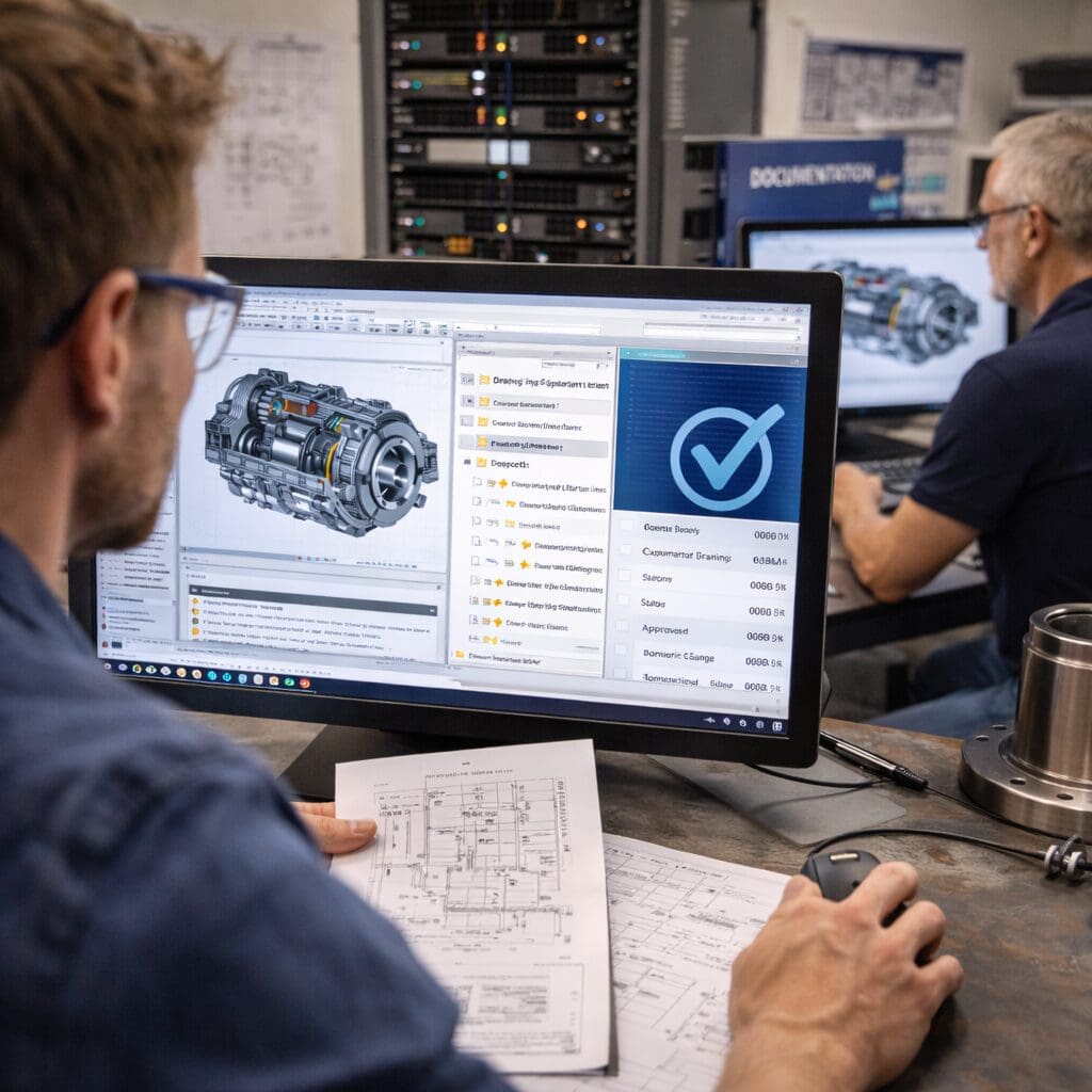 Ingeniør hos Phidan Engineering arbejder med CAD-konstruktion, teknisk dokumentation og filhåndtering af komplekse maskindele på en computer.