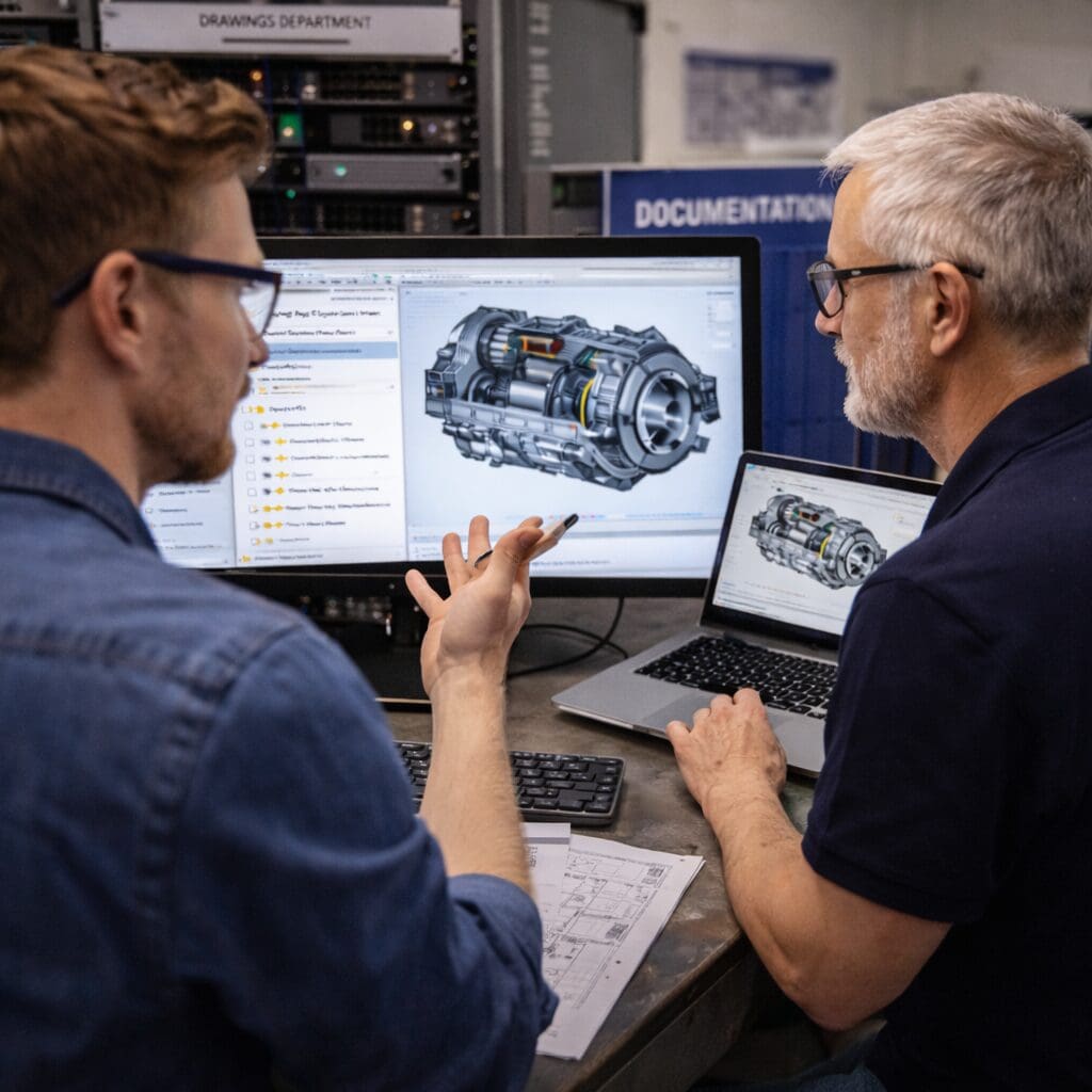 To ingeniører gennemgår komplekse 3D CAD-modeller og teknisk dokumentation i en tegnestue hos Phidan Engineering.
