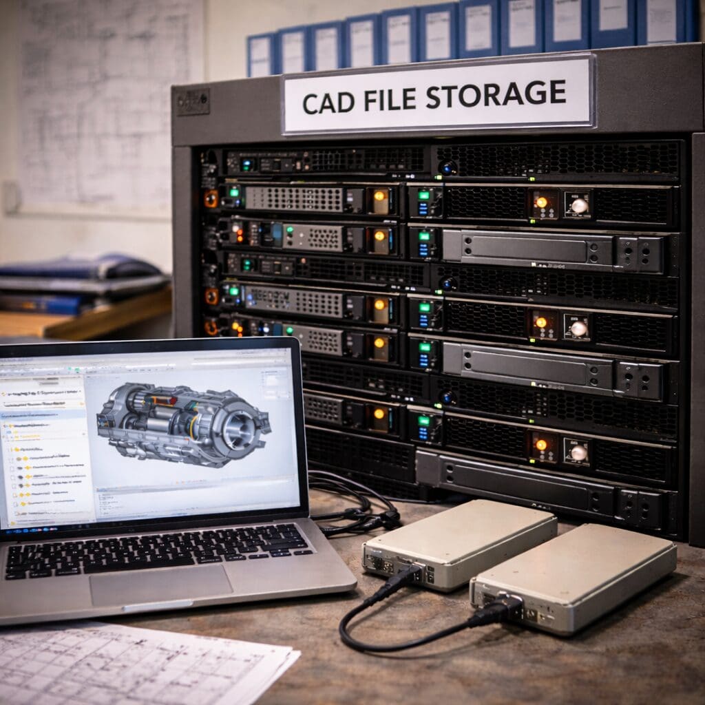 Bærbar computer med 3D CAD-model ved siden af serverrack til CAD-fil-opbevaring og teknisk dokumentation