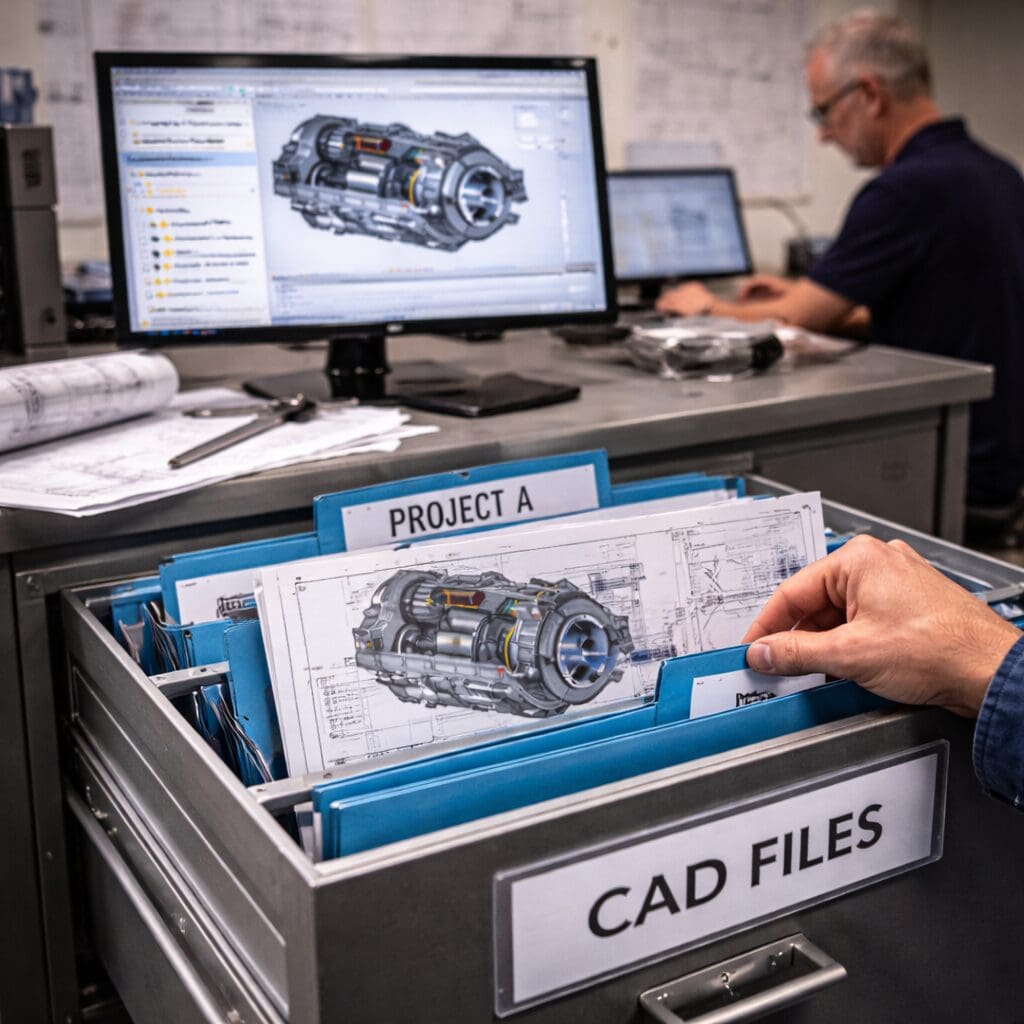 En person trækker en teknisk tegning ud af en skuffe mærket CAD FILES foran en computerskærm med en 3D maskinkonstruktion.