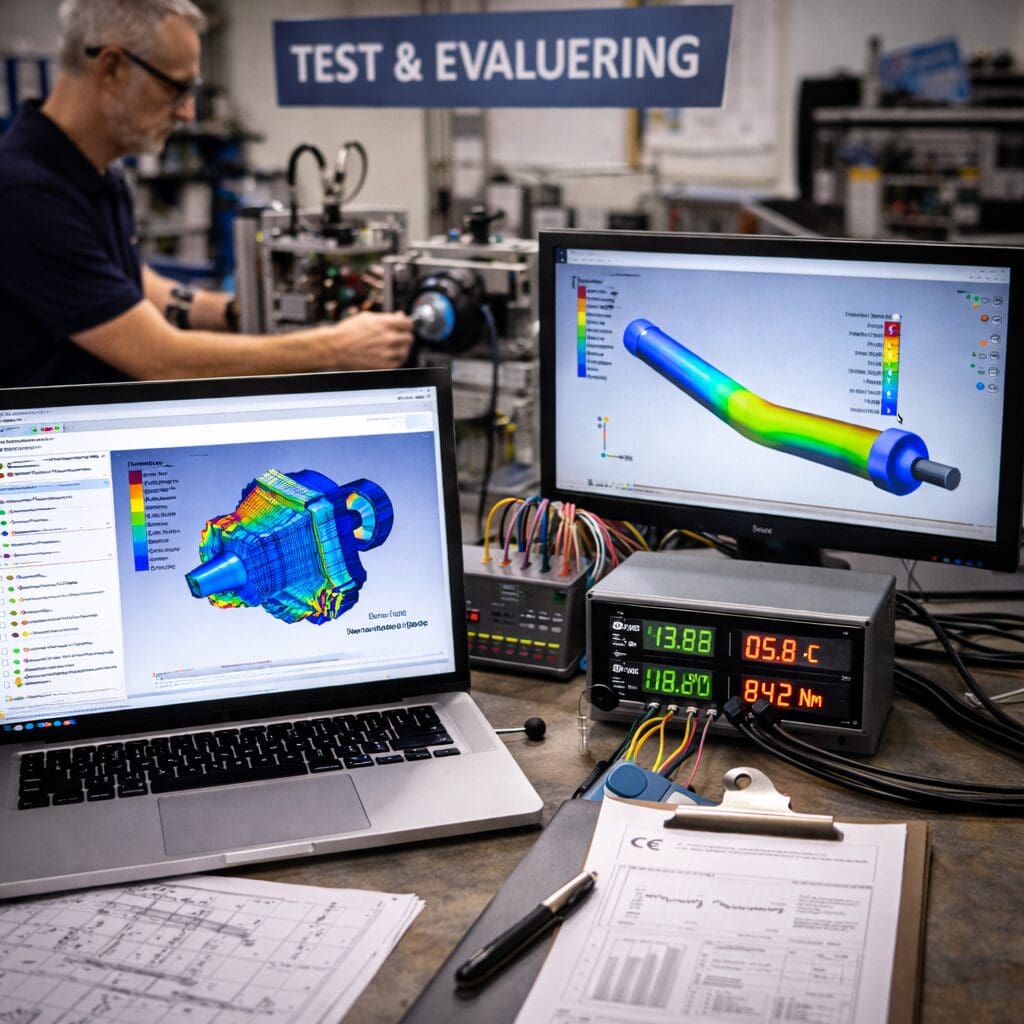 Ingeniør der udfører test og evaluering af maskinkomponenter ved hjælp af FEA-simulering og måleudstyr på et værksted.