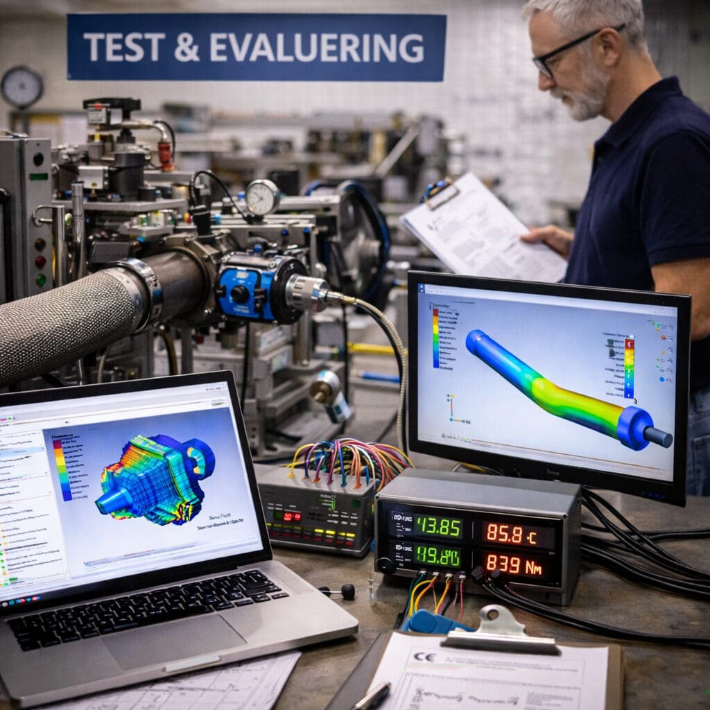 Ingeniør udfører test og evaluering af maskinkonstruktion med FEA simulering, datalogning og teknisk dokumentation i et testcenter.